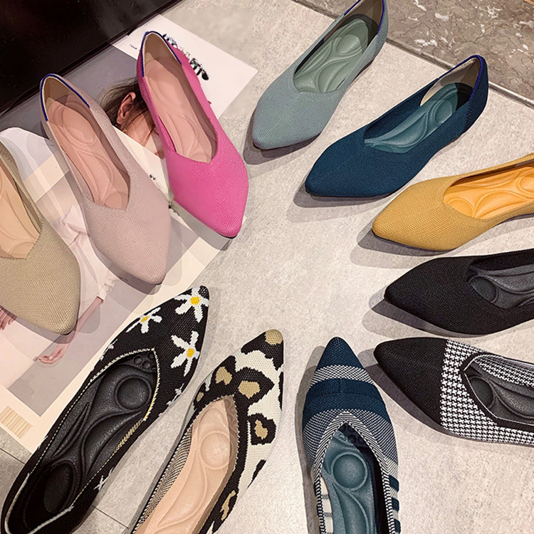 KENPOGEN ポインテッドトゥニットパンプス Vカット フラットシューズ 屈曲性抜群 歩きやすい 全10色展開 通勤 仕事