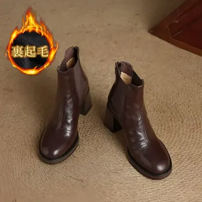 KENPOGEN ショートブーツ 羊革 7.5cmチャンキーヒール バッグファスナー 歩きやすい 履きやすい 通勤 お出かけ