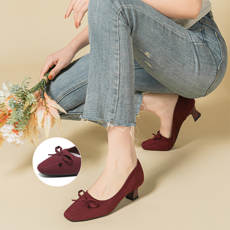 リボンモチーフ くびれヒール ニットパンプス
