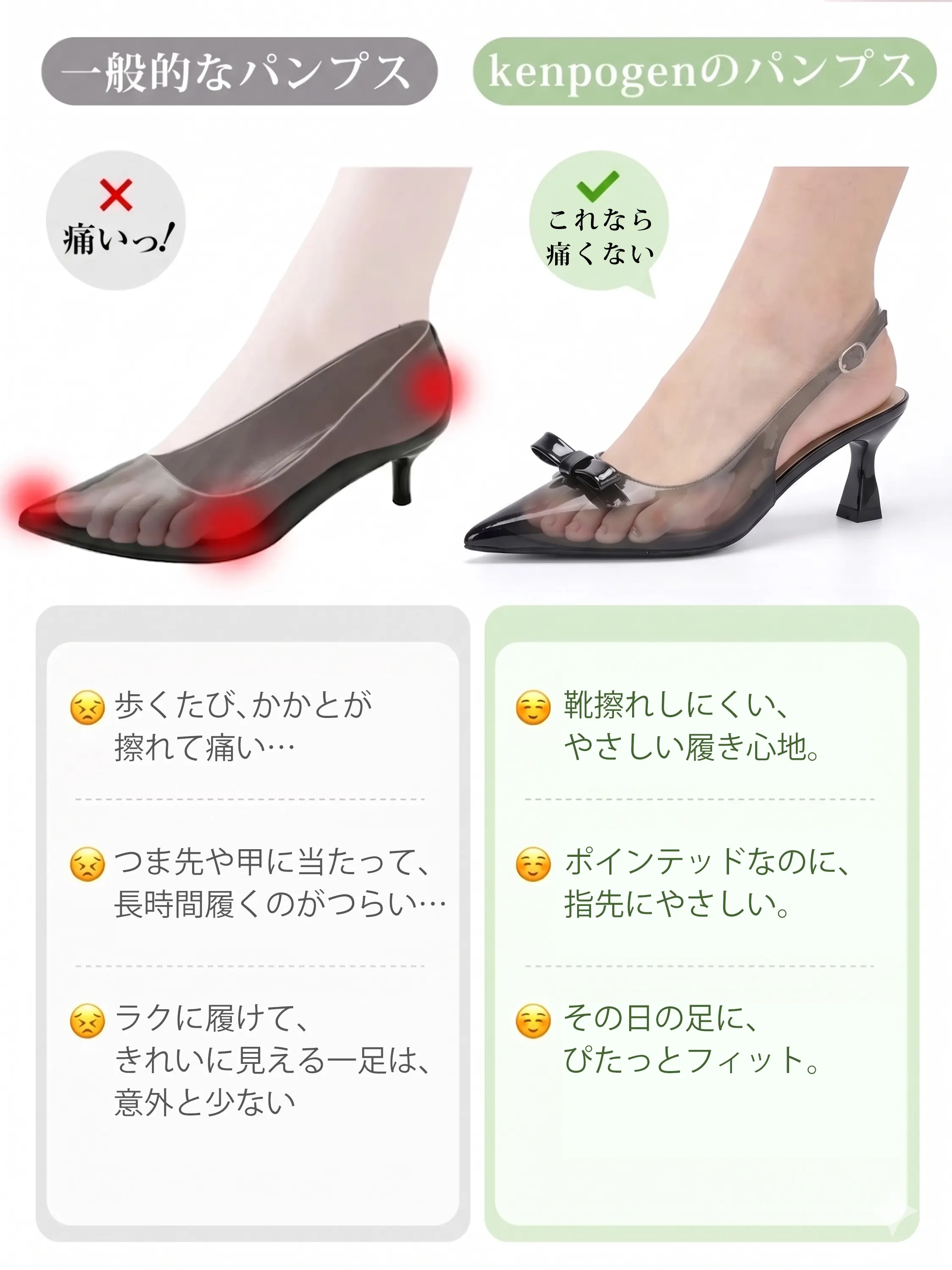 一般的なパンプスと比較したKENPOGENバックストラップパンプス かかとが脱げにくい 靴擦れしにくい ポインテッドトゥでもやさしい履き心地