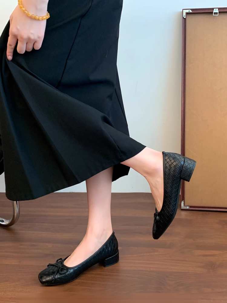 KENPOGEN バレエシューズ リボンパンプス 幅広4E スクエアトゥ チャンキーヒール 痛くない フォーマル