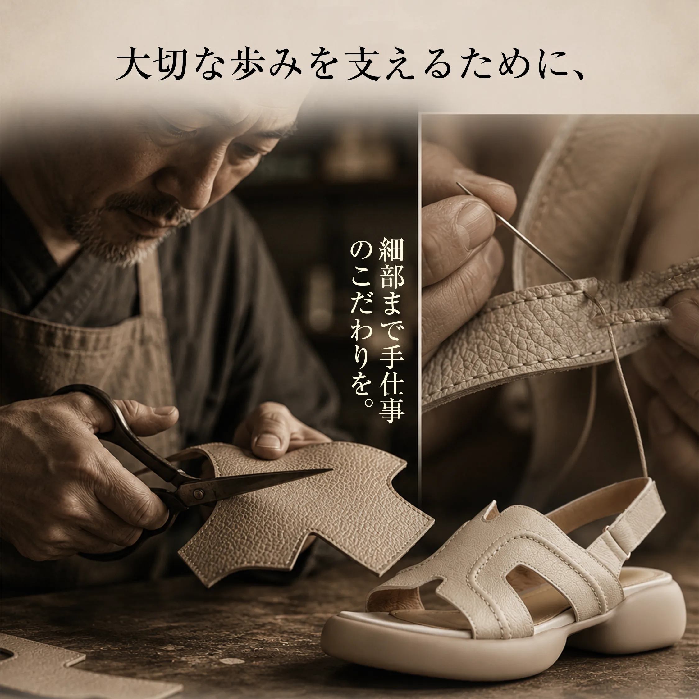 職人の手仕事で仕上げた本革レディースサンダル 細部まで丁寧に作られた快適シューズ