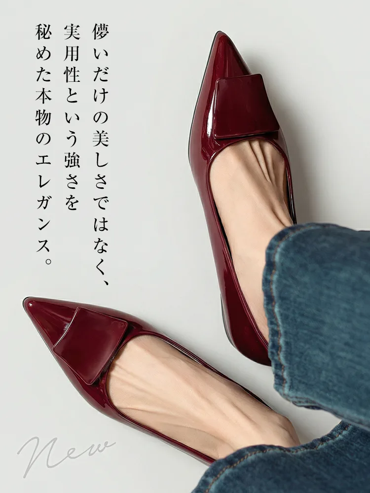 【上品な艶めき】KENPOGEN エナメルパンプス ポインテッドトゥ インヒール 4cmUP 痛くない 走れる 晴雨兼用 通勤 オフィス