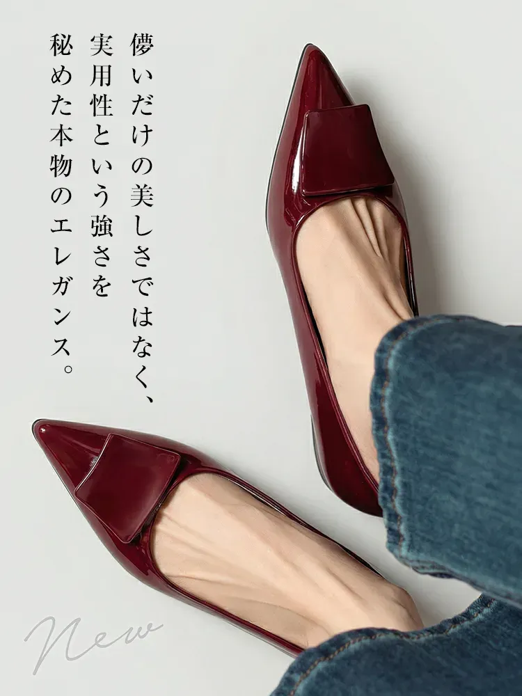 【上品な艶めき】KENPOGEN エナメルパンプス ポインテッドトゥ インヒール 4cmUP 痛くない 走れる 晴雨兼用 通勤 オフィス