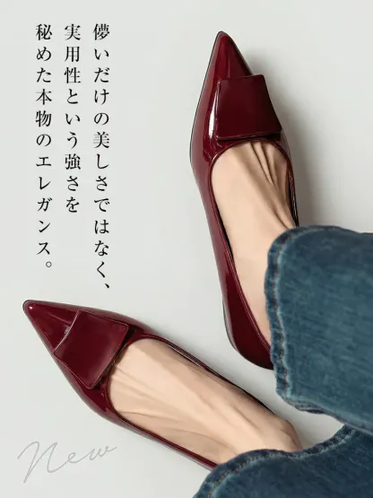 【上品な艶めき】KENPOGEN エナメルパンプス ポインテッドトゥ インヒール 4cmUP 痛くない 走れる 晴雨兼用 通勤 オフィス