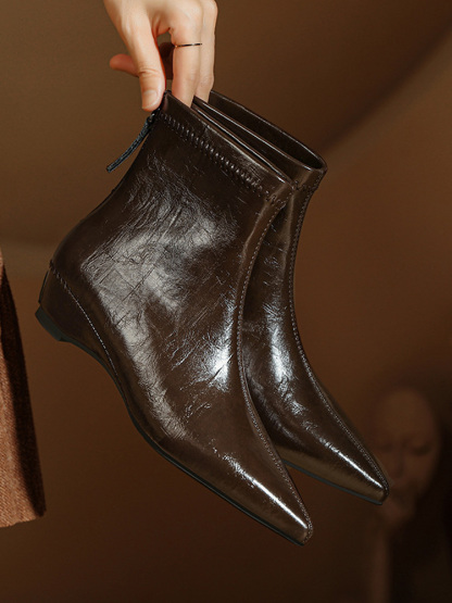 インヒールウェッジマロン色メイラードポインテッドトゥミディアムブーツ