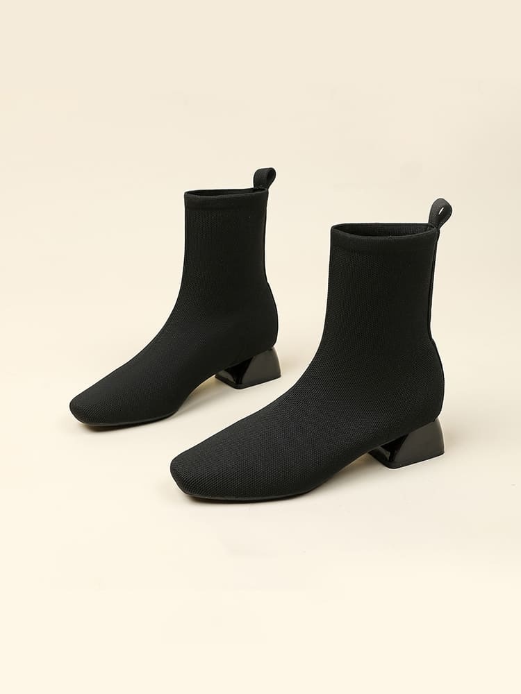 KENPOGEN ショートブーツ ニット素材 3.5cmUP ストレッチ チャンキーヒール 歩きやすい 仕事用