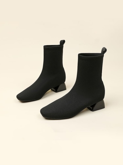 KENPOGEN ショートブーツ ニット素材 3.5cmUP ストレッチ チャンキーヒール 歩きやすい 仕事用