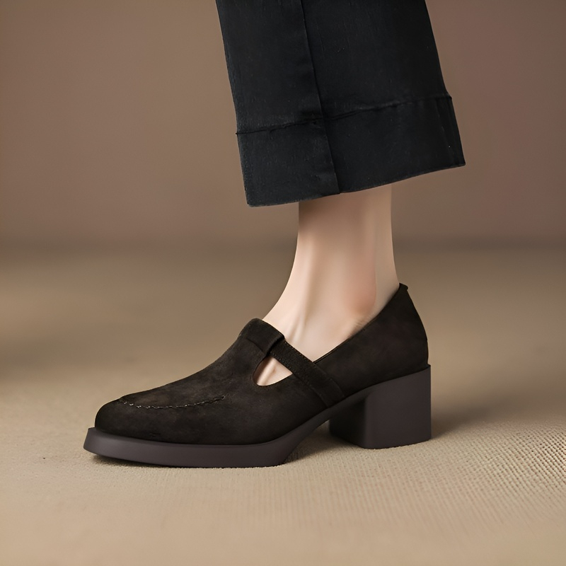 Tストラップ チャンキーヒール美脚羊革パンプス