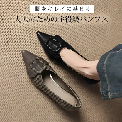 KENPOGEN バックルモチーフパンプス 羊革 手作り 4cmUP ポインテッドトゥシューズ 柔らかい 歩きやすい