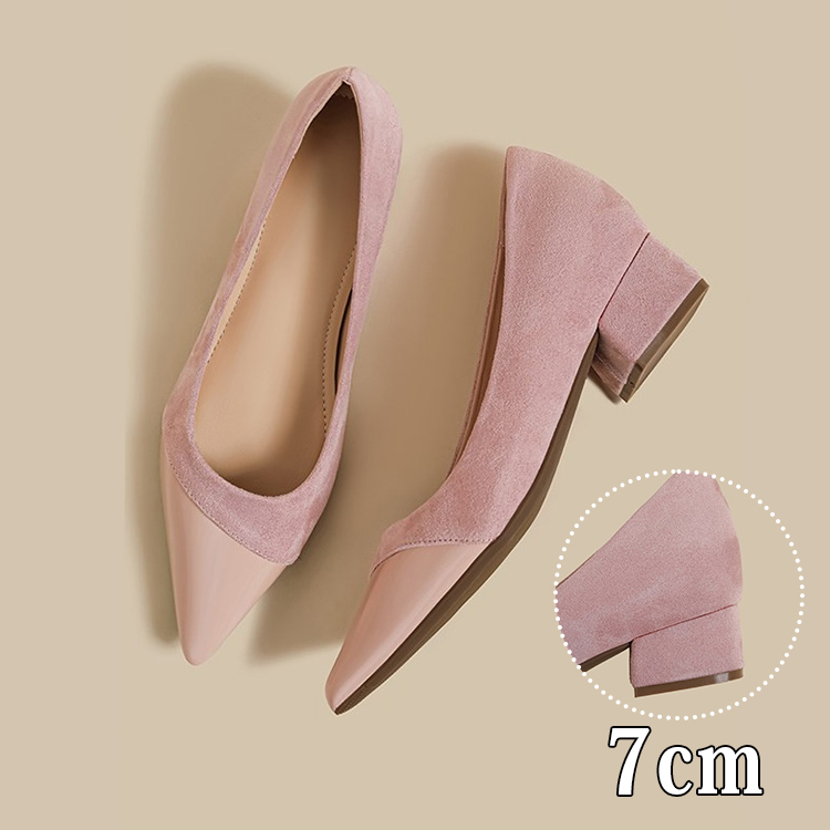 JL-KEN增高7cm拼接尖头粗跟浅口高跟鞋