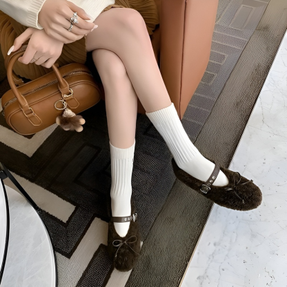 リボン付き 暖かボア インヒール美脚パンプス