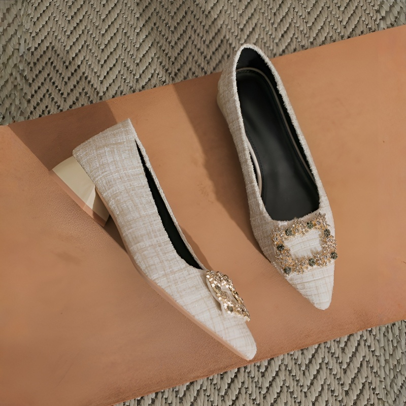 ツイード調 ビジューバックル スクエアヒールパンプス