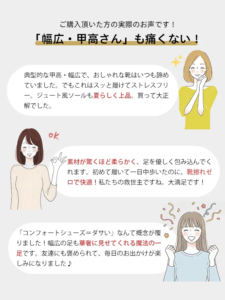 幅広・甲高さんからの高評価口コミ。柔らかい素材で靴擦れしにくく、幅広の足もすっきり華奢に見せてくれる痛くない厚底ウェッジサンダル。