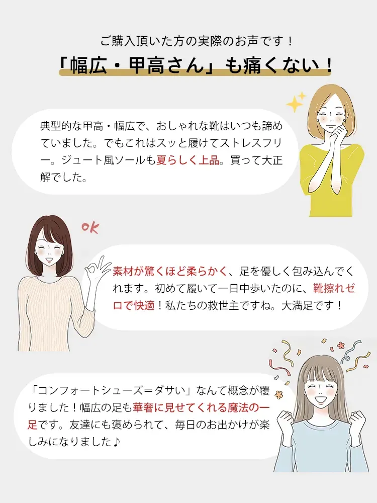 幅広・甲高さんからの高評価口コミ。柔らかい素材で靴擦れしにくく、幅広の足もすっきり華奢に見せてくれる痛くない厚底ウェッジサンダル。