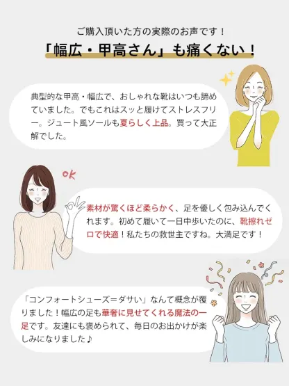 幅広・甲高さんからの高評価口コミ。柔らかい素材で靴擦れしにくく、幅広の足もすっきり華奢に見せてくれる痛くない厚底ウェッジサンダル。