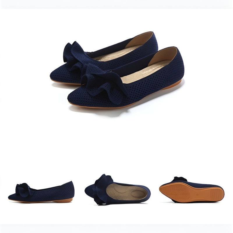 【OUTLET】【洗濯機OK・大人可愛いフリル】KENPOGEN ニットパンプス レディース ぺたんこ靴 ポインテッドトゥ 柔らかい 伸縮性 走れる  通勤 お出かけ 幅広