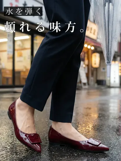 【上品な艶めき】KENPOGEN エナメルパンプス ポインテッドトゥ インヒール 4cmUP 痛くない 走れる 晴雨兼用 通勤 オフィス