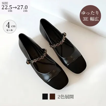 KENPOGEN メリージェーン靴 スクエアトゥパンプス 4cmヒール 幅広3E 甲高 歩きやすい 痛くない