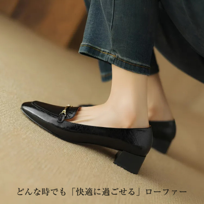 KENPOGEN ビットローファー 牛革 手作り スクエアトゥ 3.5cmチャンキーヒール 疲れにくい 通勤