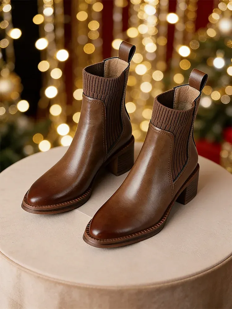 【今季の人気作】KENPOGEN ショートブーツ 本革 ニット 5.5cmヒール 履きやすい 疲れにくい 通勤 カジュアル