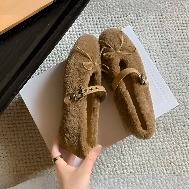 リボン付き 暖かボア インヒール美脚パンプス