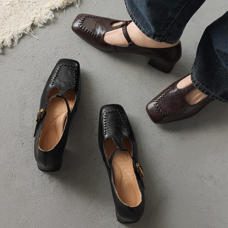 KENPOGEN メリージェーン靴 シープレザー 手作り Tストラップパンプス 4cmUP チャンキーヒール スクエアトゥ 美脚