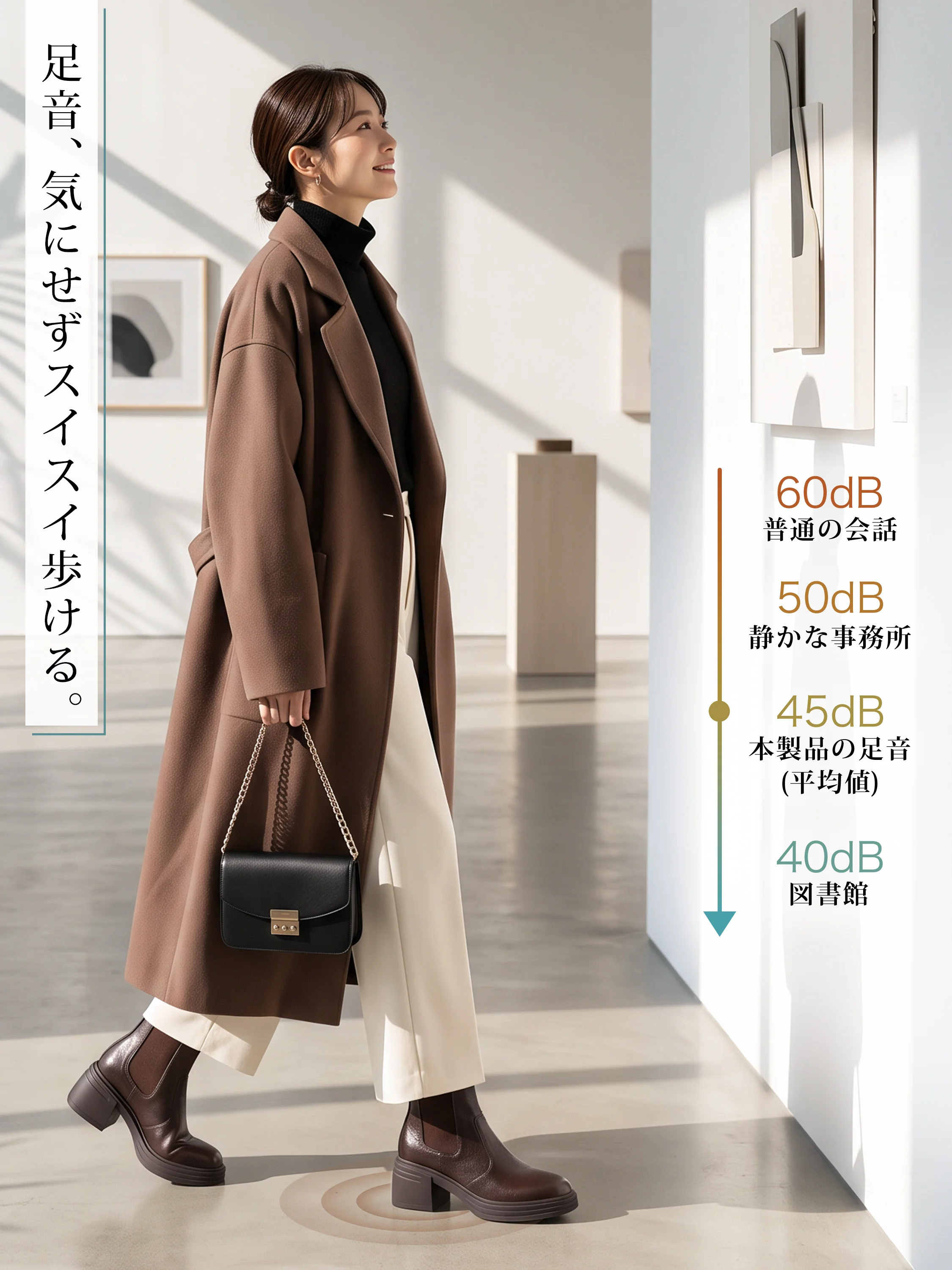 KENPOGENのサイドゴアブーツ。6.5cm厚底、安定感を意識した設計を伝える歩行時の足元。ブーツ レディース 歩きやすいを探す方のデニムでつくる大人カジュアルに
