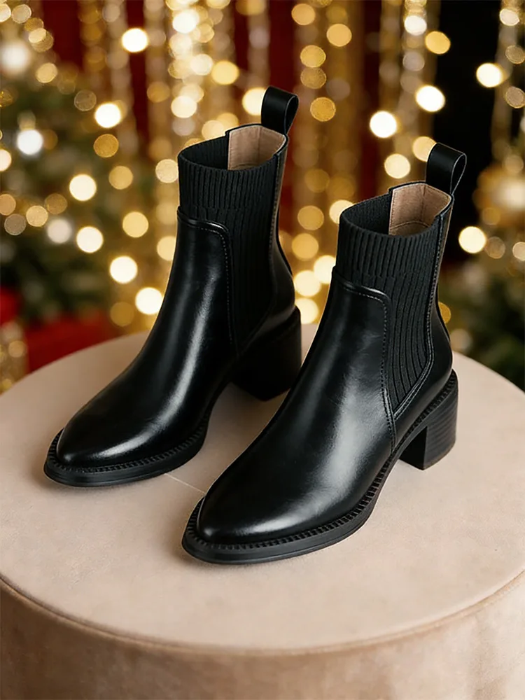 【今季の人気作】KENPOGEN ショートブーツ 本革 ニット 5.5cmヒール 履きやすい 疲れにくい 通勤 カジュアル