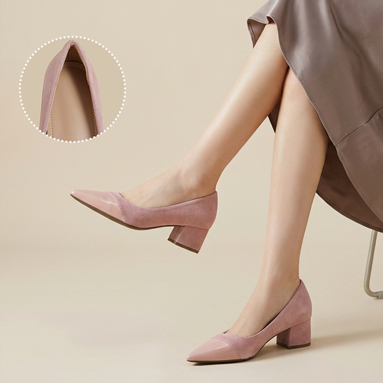 JL-KEN增高7cm拼接尖头粗跟浅口高跟鞋