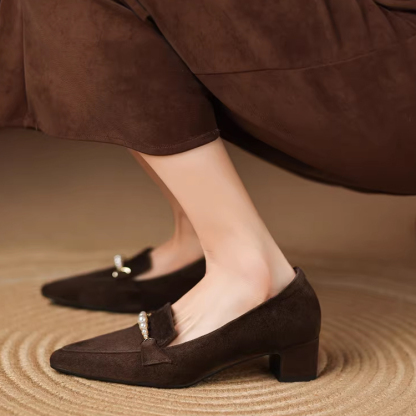 KENPOGEN ビット付きローファー 羊革 手作り ポインテッドトゥ 4cmUP パール飾り 歩きやすい