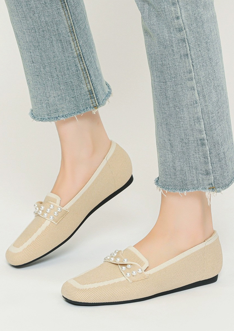 KENPOGEN ニットローファー スクエアトゥ パール飾り フラットシューズ 歩きやすい 滑りにくい 全6色展開 カジュアル オフィス