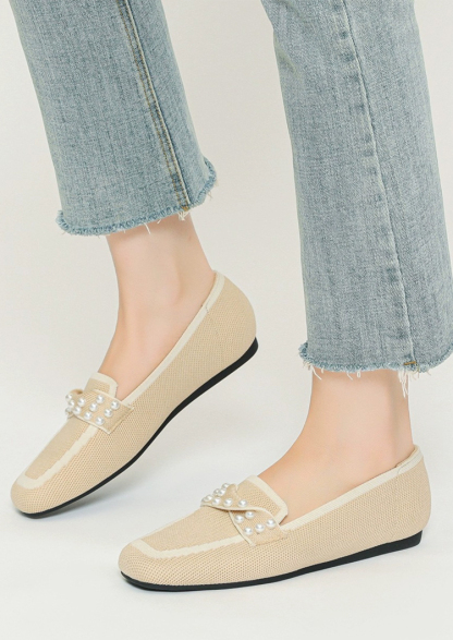 KENPOGEN ニットローファー スクエアトゥ パール飾り フラットシューズ 歩きやすい 滑りにくい 全6色展開 カジュアル オフィス