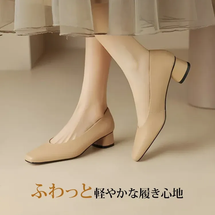 KENPOGEN スクエアトゥパンプス 牛革 手作り 3.5cmUP チャンキーヒール 歩きやすい 通勤 オフィス