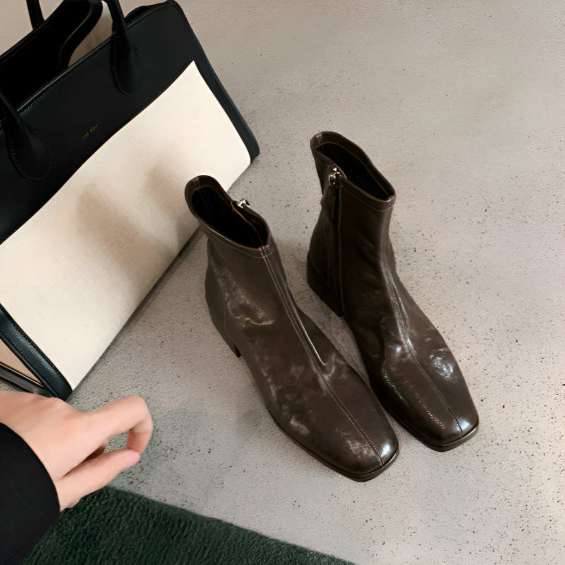 スクエアトゥ 本革ショートブーツ