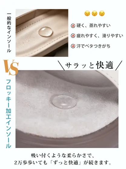 一般的なインソールと機能性フロッキーインソールの吸水性比較。汗を弾いて蒸れやすい一般的な素材に対し、フロッキーインソールは水分を素早く吸収。長時間歩いてもベタつかず、さらっと快適な履き心地が続きます。