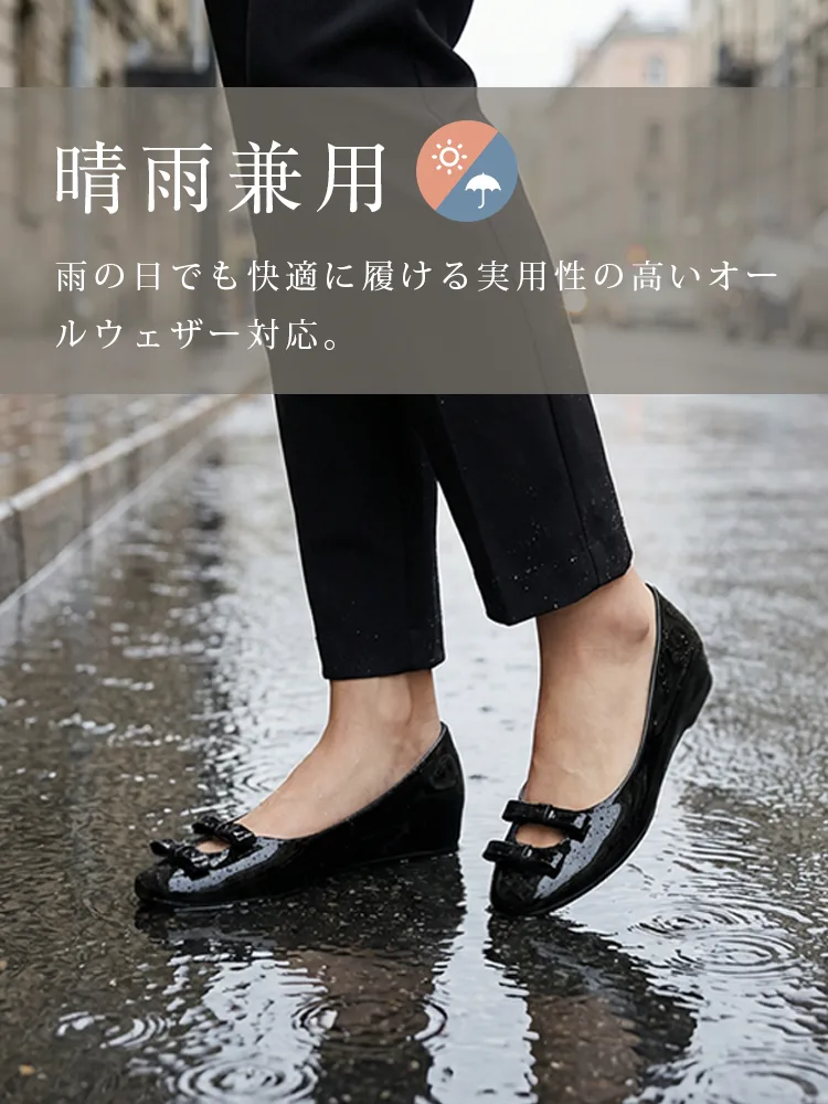 KENPOGEN ダブルリボンパンプス スクエアトゥシューズ インヒール 5cmUP エナメル 柔らか 通勤