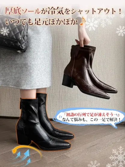 KENPOGEN ストレッチブーツ 羊革 6.5cmUP ポインテッドトゥ バックファスナー付き 伸縮性 柔らかい 美脚 細見え