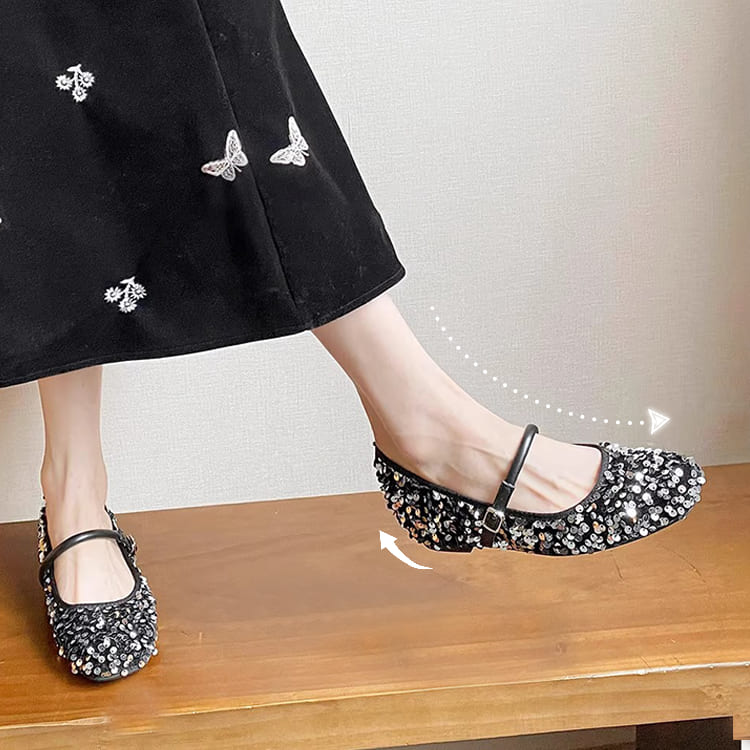 KENPOGEN スパンコール メリージェーン靴 インヒール 4cmUP スクエアトゥ キラキラ トレンド感 歩きやすい