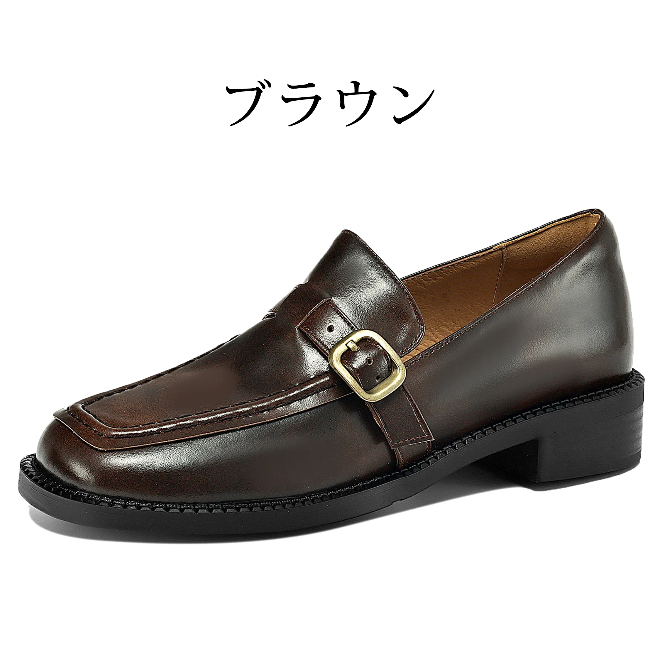 スクエアトゥ 本革バックルローファー