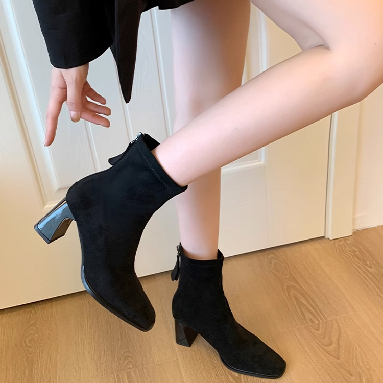 KENPOGEN ショートブーツ スクエアトゥ チャンキーヒール バックジッパー付き 5・7cmヒール エナメル調 スエード調 美脚 歩きやすい 通勤 お出かけ