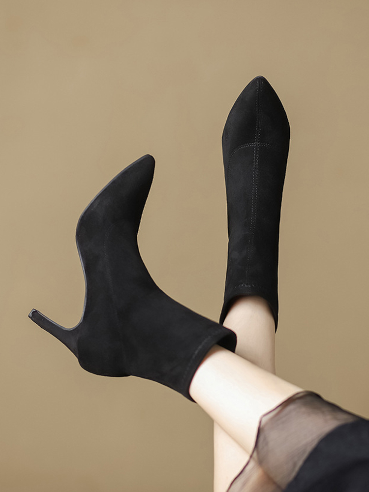 KENPOGEN ストレッチショートブーツ ポインテッドトゥ 6cmUP 歩きやすい 裏起毛 秋冬 通勤