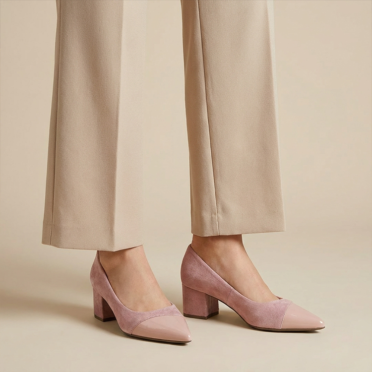 JL-KEN增高7cm拼接尖头粗跟浅口高跟鞋