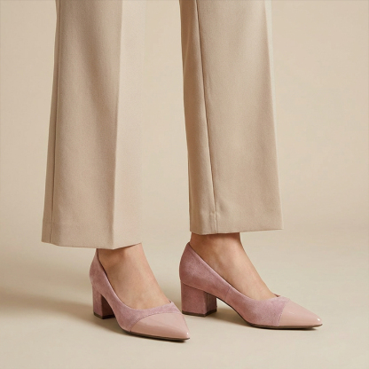 JL-KEN增高7cm拼接尖头粗跟浅口高跟鞋