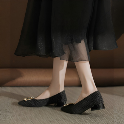 ツイード調 ビジューバックル スクエアヒールパンプス