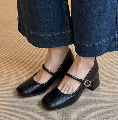 KENPOGEN ストラップパンプス スクエアトゥパンプス インヒール 7.5cmUP 歩きやすく疲れない