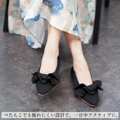 【大人可愛いフリル】KENPOGEN ニットパンプス ぺたんこ靴 スクエアトゥ 柔らかい 伸縮性 走れる 全十色展開 通勤 お出かけ