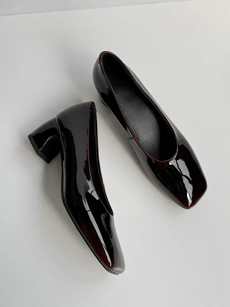 KENPOGEN グラデーションパンプス 羊革パンプス 5cmUP エナメル スクエアトゥ チャンキーヒール 通勤