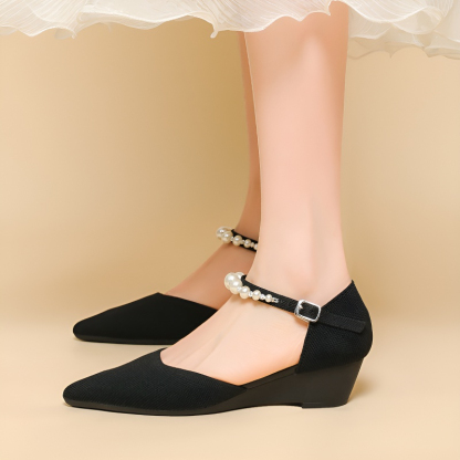 パールストラップ ウェッジソールニットパンプス