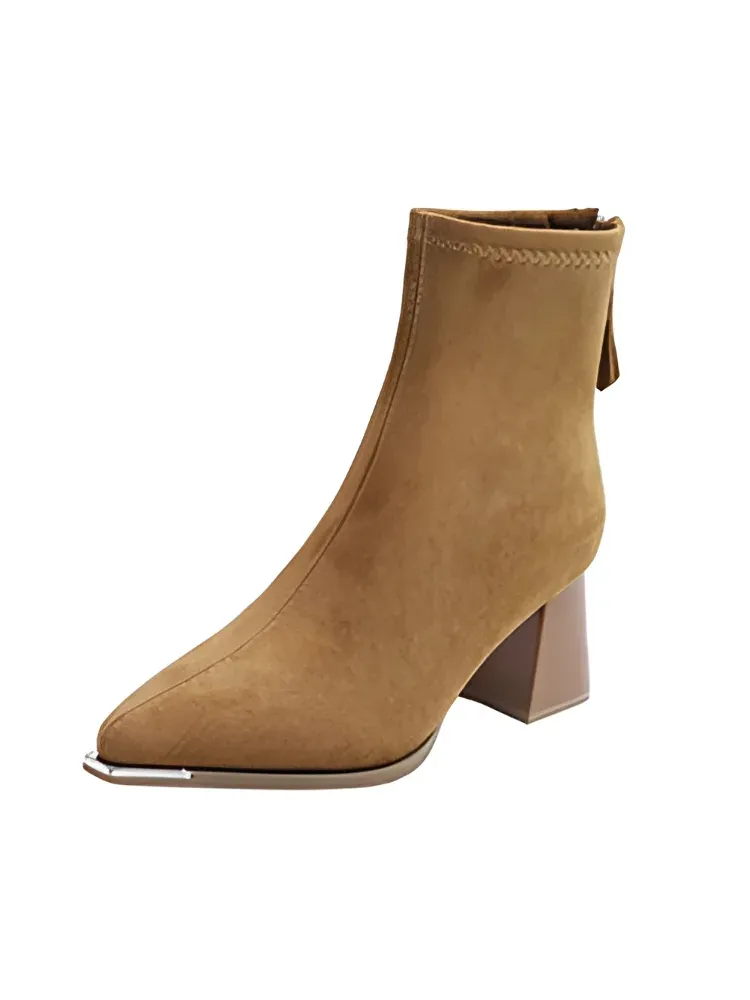 KENPOGEN ショートブーツ スエード調 6.5cmチャンキーヒール バックジッパー 履き脱ぎしやすい 美脚効果 通勤 秋冬